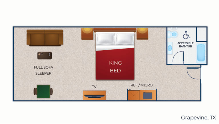 The floor plan for the accessible bathtub Luxury King Suite